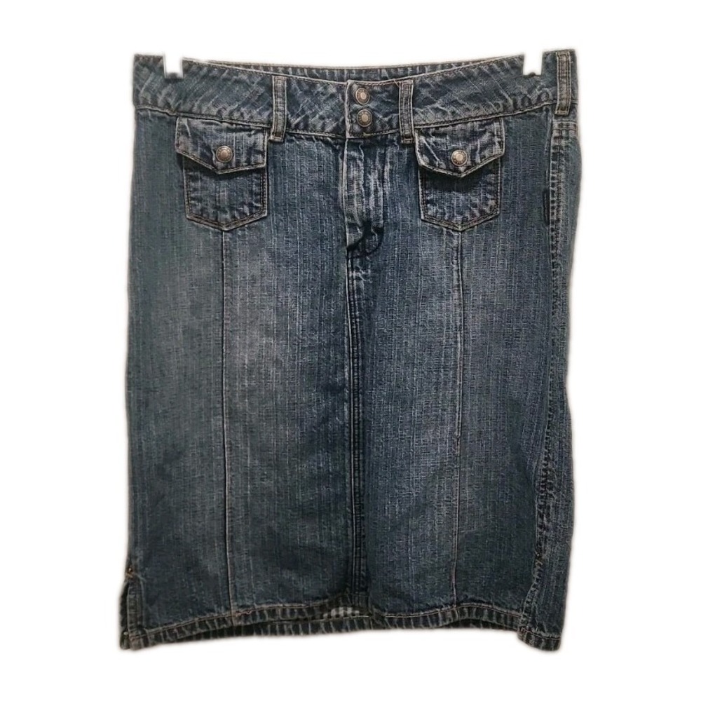 Vintage Y2K Silver Jeans Denim Midi Skirt Medium Wash Side Slits Sz 30